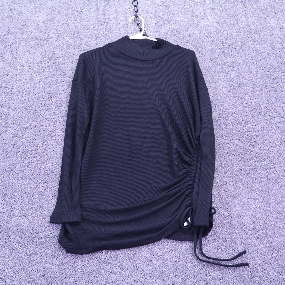 Express Ribbed Top Womens Small Black Side Ruched Mock Neck Long Sleeve Blouse